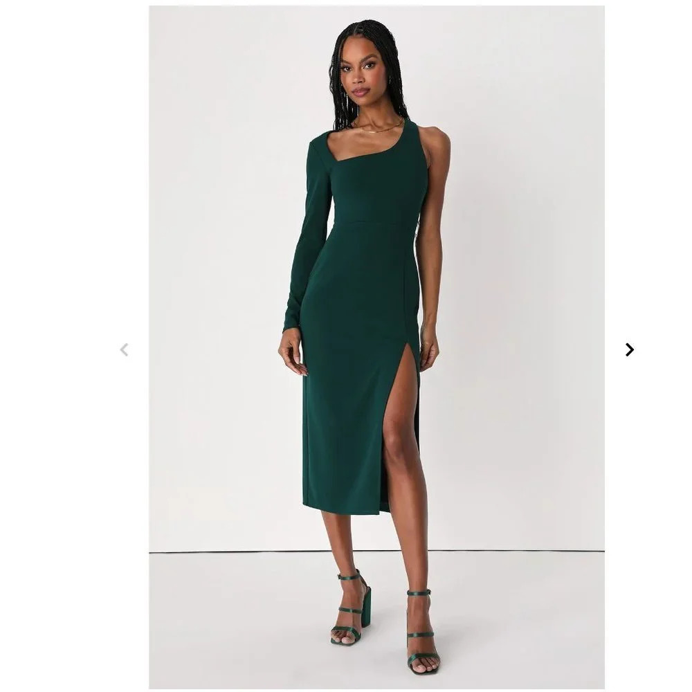 Lulus Stunning Emerald Green Asymmetrical Long Sleeve Midi Dress Sz Small NWT
